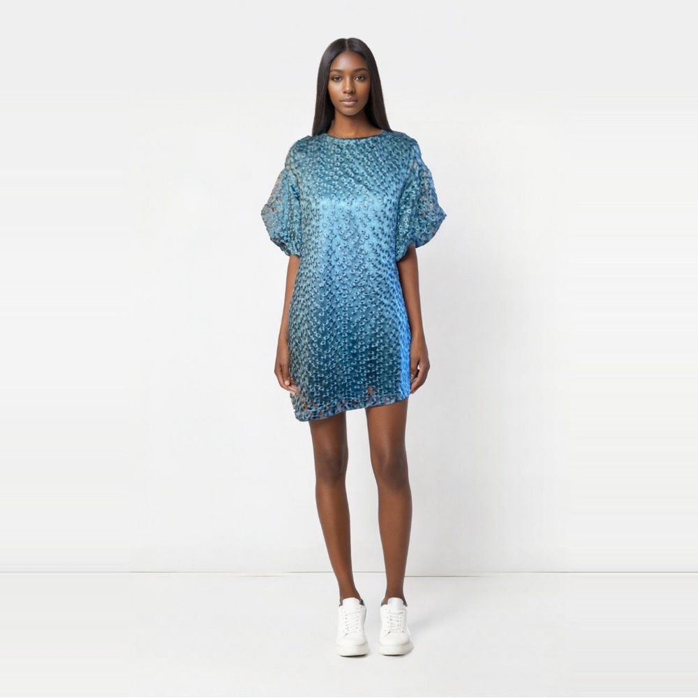Teal Floral Lace Bell Sleeve Mini Dress
